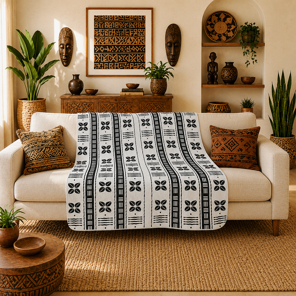 A white throw blanket with black geometric tribal patterns is draped over a cream-colored sofa in a styled living room setting with plants, wooden masks, and decorative pottery.