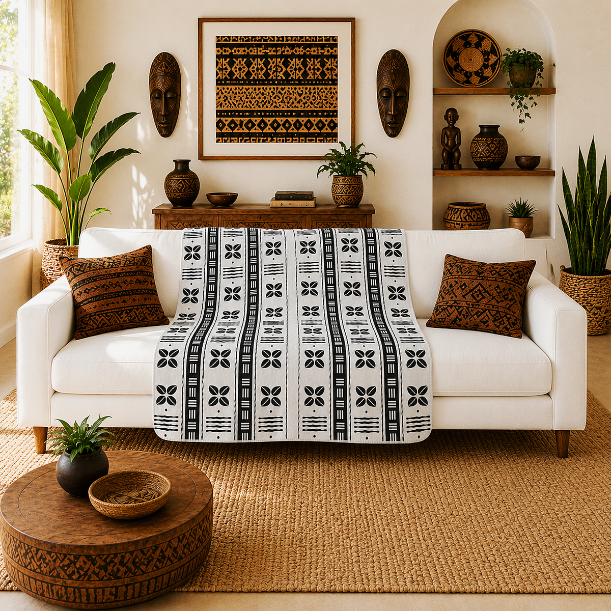 A white sofa in a styled living room is draped with a black-and-white patterned throw blanket, with matching decorative pillows on the couch. The room features warm-toned decor including a woven round coffee table, potted plants, wall masks, and framed art.