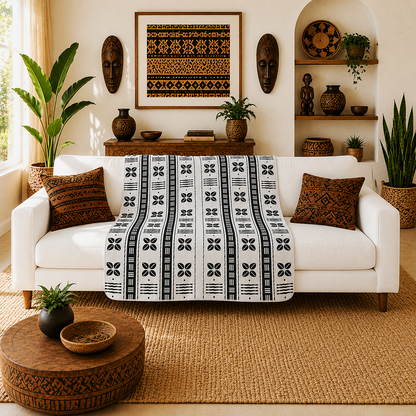 A white sofa in a styled living room is draped with a black-and-white patterned throw blanket, with matching decorative pillows on the couch. The room features warm-toned decor including a woven round coffee table, potted plants, wall masks, and framed art.