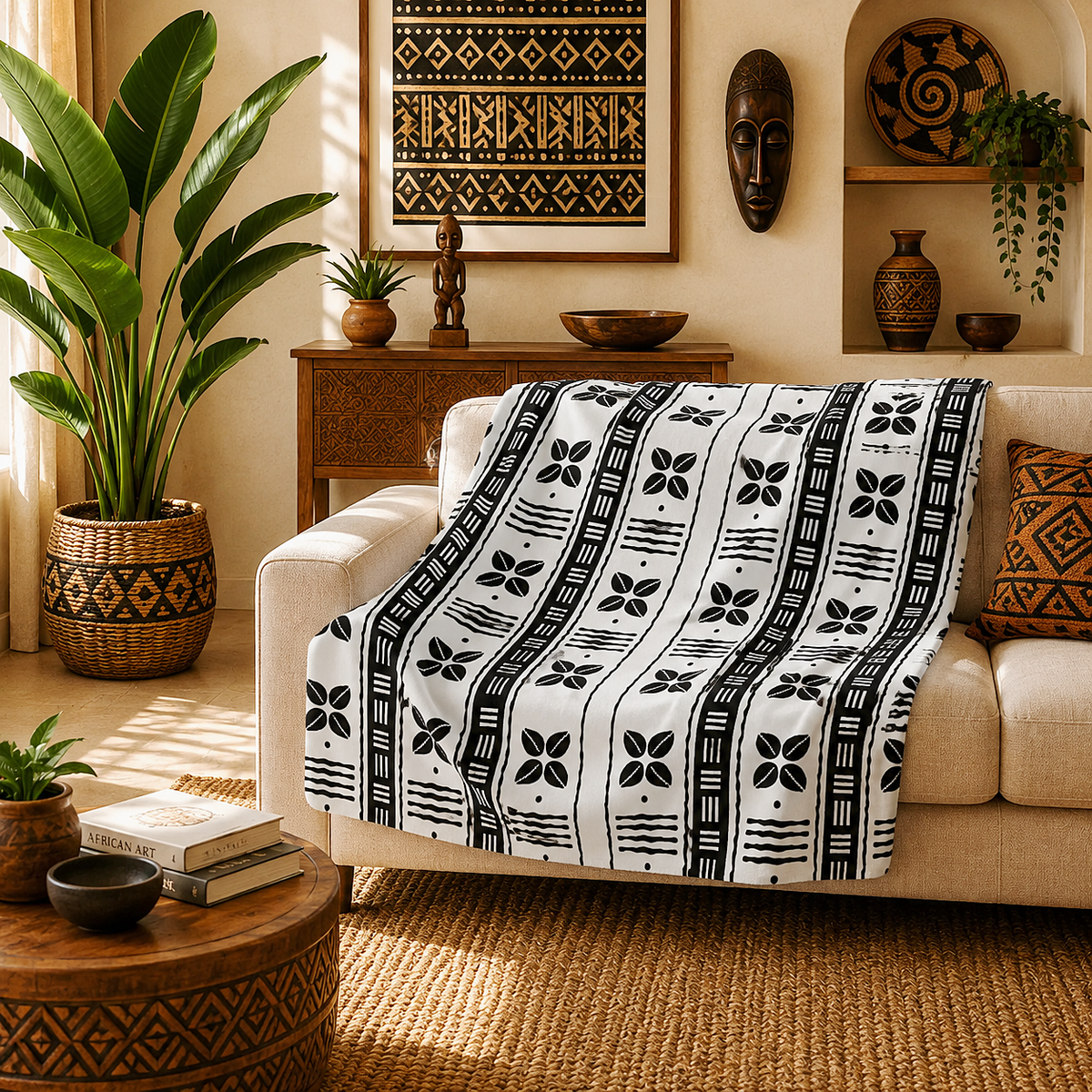 A white throw blanket with black vertical tribal-style stripes and floral motifs is draped over a cream sofa in a warm, styled living room with plants, wooden decor, and patterned cushions.