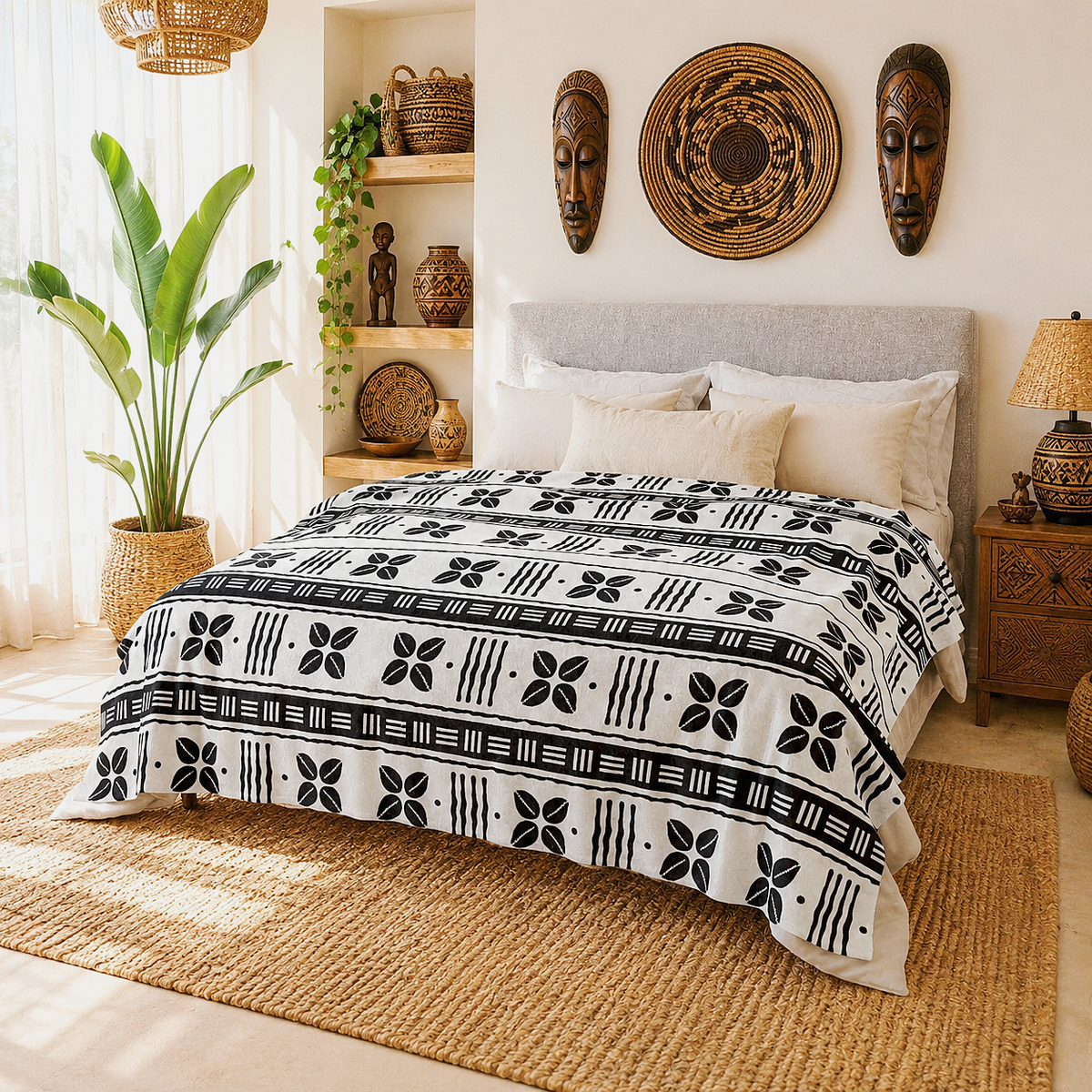 A bed dressed in a white and black geometric patterned comforter, styled in a bright, bohemian-themed bedroom with African masks, a large potted plant, and woven decor.