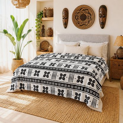 A bed dressed in a white and black geometric patterned comforter, styled in a bright, bohemian-themed bedroom with African masks, a large potted plant, and woven decor.