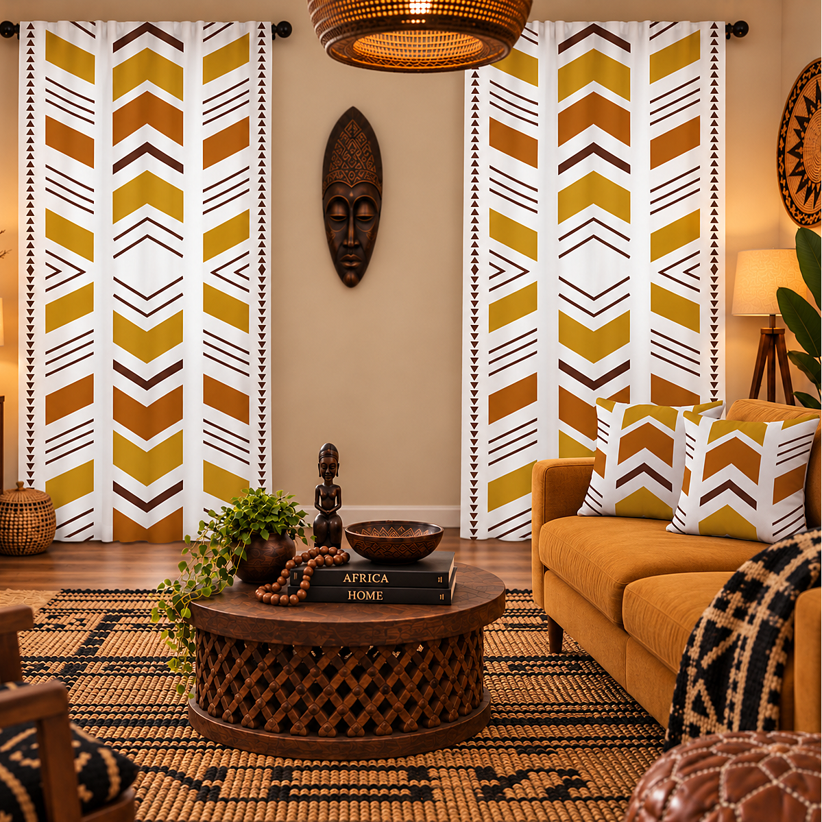 A styled living room featuring two tall vertical panels with a bold chevron pattern in mustard yellow, brown, black, and white. The room is decorated with a yellow sofa, patterned pillows, a round wooden coffee table, and a woven rug.