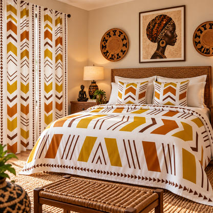 A styled bedroom featuring a bed dressed in a white duvet cover and matching pillow shams with bold geometric tribal patterns in mustard yellow, ochre, and brown. The room has matching patterned curtains, warm wood furniture, and framed wall art.