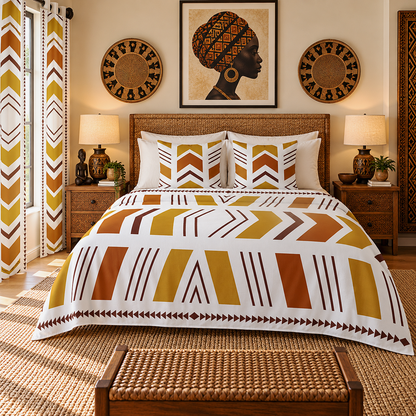 A styled bedroom scene featuring a bed dressed in a white duvet cover with bold geometric tribal patterns in mustard yellow, terracotta orange, and dark brown. The room includes matching patterned pillows, a woven rattan headboard and bench, wooden nightstands, lamps, and framed wall art.