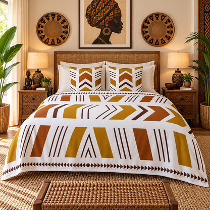 A bed dressed in a white bedding set with bold geometric tribal-style patterns in mustard yellow, terracotta, and dark brown, styled in a warm, rustic bedroom with matching side tables, lamps, plants, and wall decor.