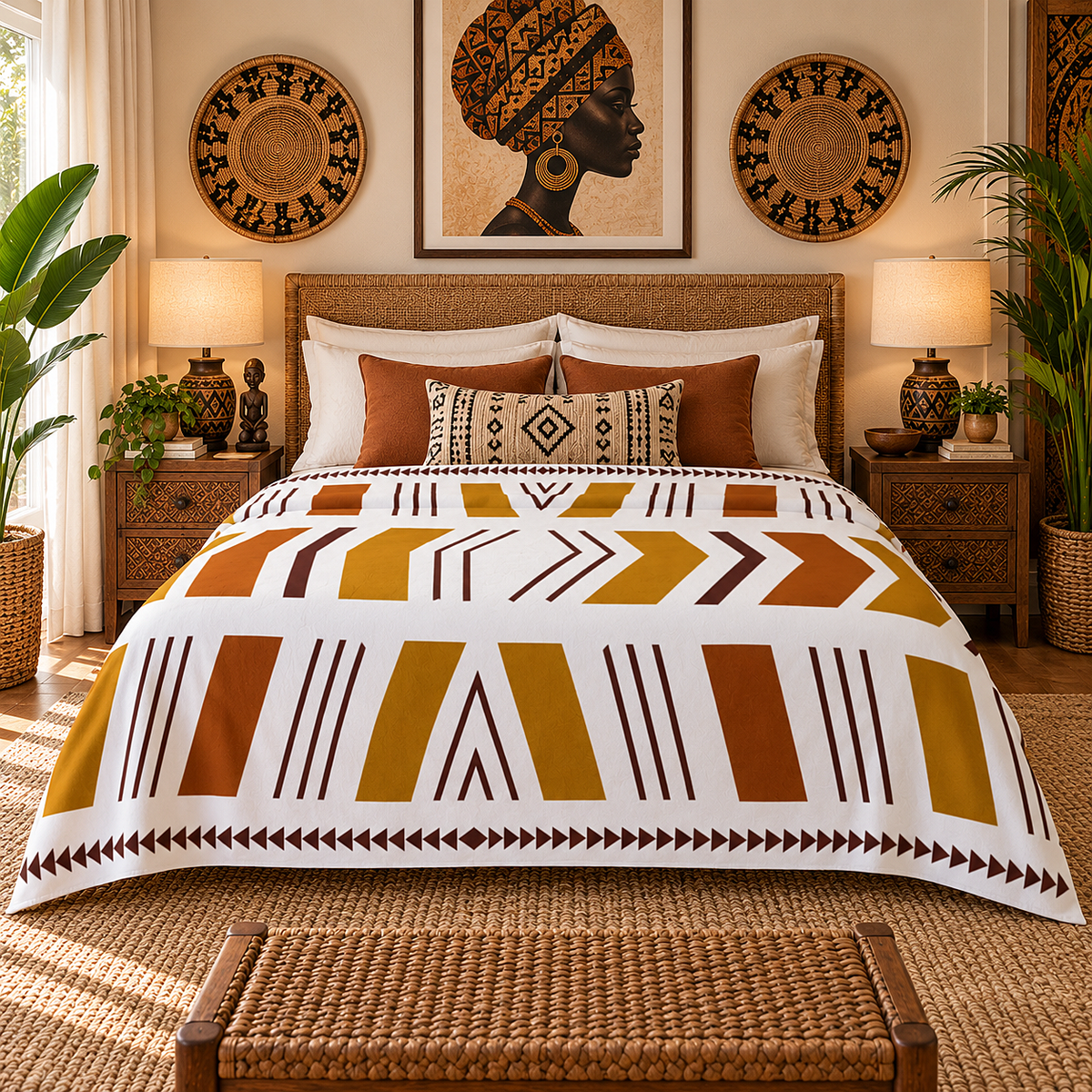A bed dressed in a white comforter with bold geometric tribal-style patterns in brown, mustard yellow, and terracotta, styled in a warm, bohemian-themed bedroom with woven furniture, plants, and wall art.