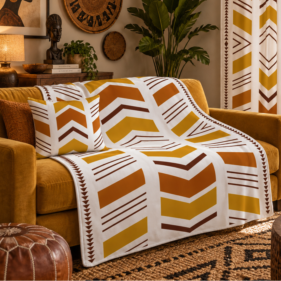 A cozy living room scene featuring a mustard yellow armchair draped with a white throw blanket and matching pillow, both printed with a bold chevron pattern in mustard yellow, terracotta orange, and brown. The room is styled with warm bohemian decor, including a woven pendant light, a leather pouf, and patterned wall art.