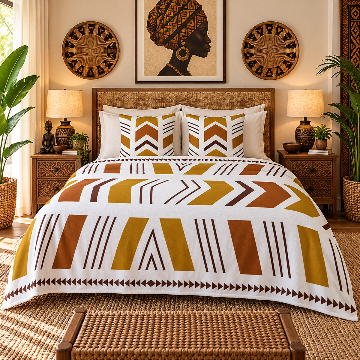 A bed dressed in a white bedding set with bold geometric tribal-style patterns in mustard yellow, terracotta, and dark brown, styled in a warm, rustic bedroom with matching side tables, lamps, plants, and wall decor.