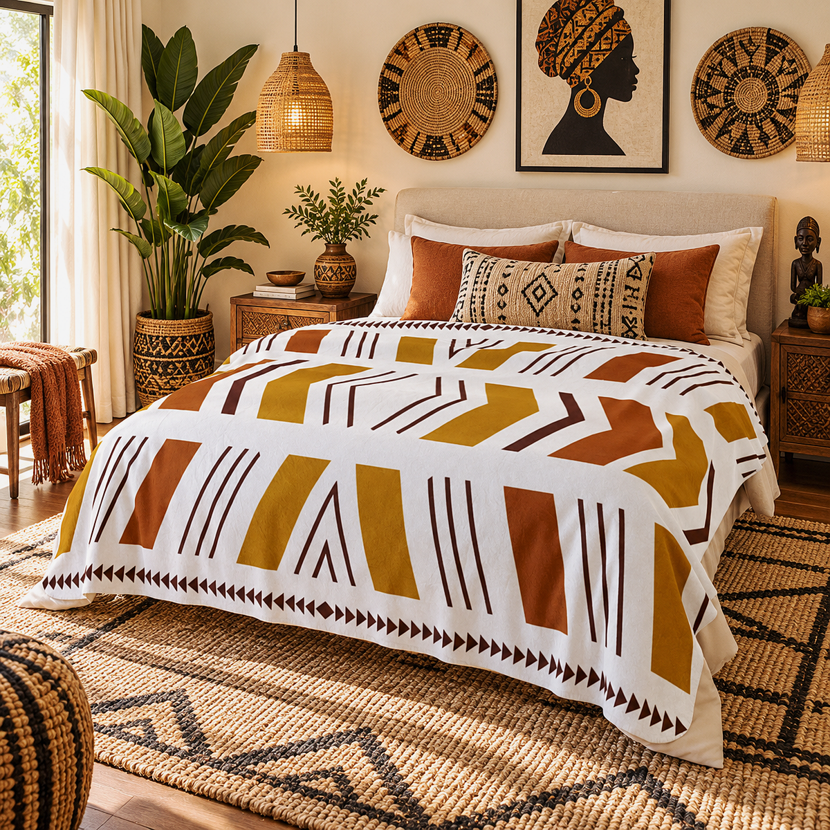 A bed dressed in a white bedding set featuring a bold geometric pattern in terracotta, mustard yellow, and dark brown, styled in a warm, bohemian-themed bedroom with woven rugs, plants, and decorative wall art.